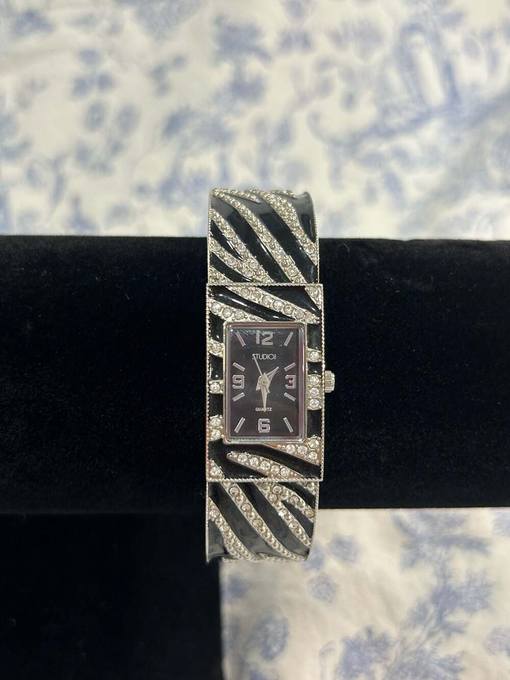 Studio Time Women's Zebra Print Rhinestone Cuff Watch Silver Tone Black Dial